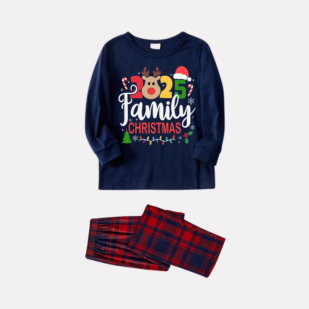 WW | "Family Christmas 2025" Text and Reindeer Prints Blue Long Sleeve Shirt with Red and Blue Plaid Pants Christmas Matching Pajamas