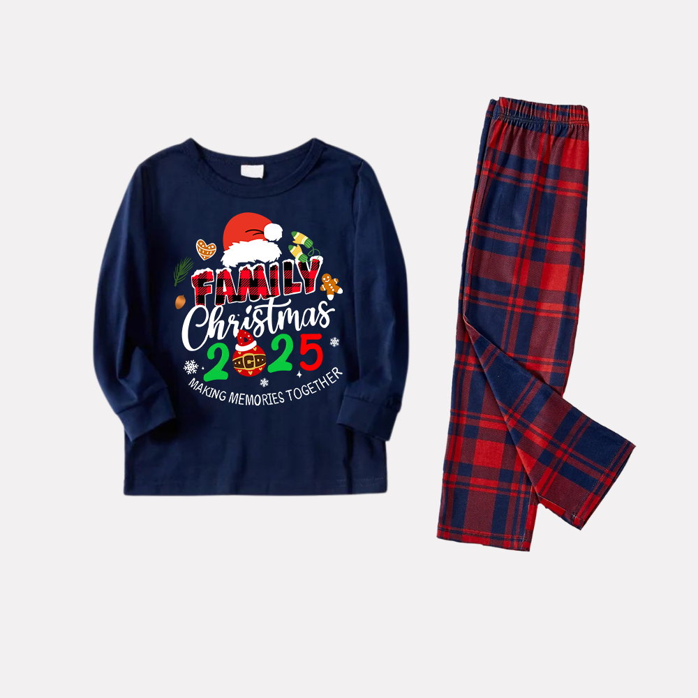 WW | "Family Christmas 2025" Text and Santa Hat Prints Blue Long-Sleeve Top with Red and Blue Plaid Pants Christmas Matching Pajamas