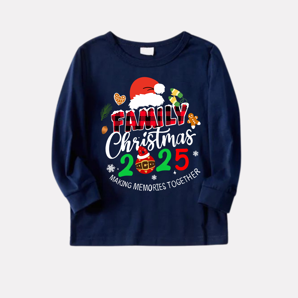 WW | "Family Christmas 2025" Text and Santa Hat Prints Blue Long-Sleeve Top with Red and Blue Plaid Pants Christmas Matching Pajamas