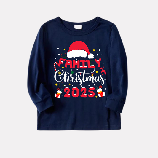 WW | Cute "Family Christmas 2025" Pattern Printed Red and Blue Plaid Christmas Matching Pajamas