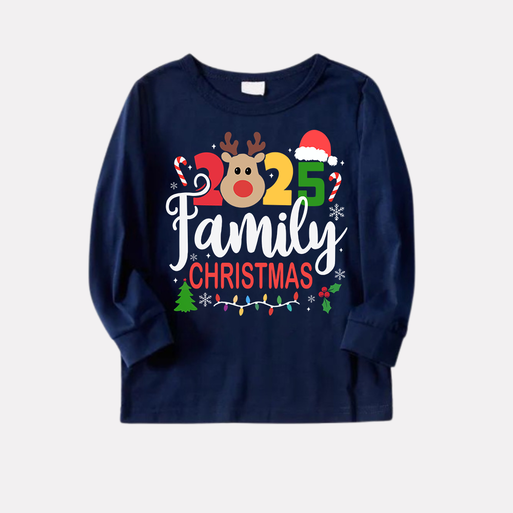 WW | "Family Christmas 2025" Text and Reindeer Prints Blue Long Sleeve Shirt with Red and Blue Plaid Pants Christmas Matching Pajamas