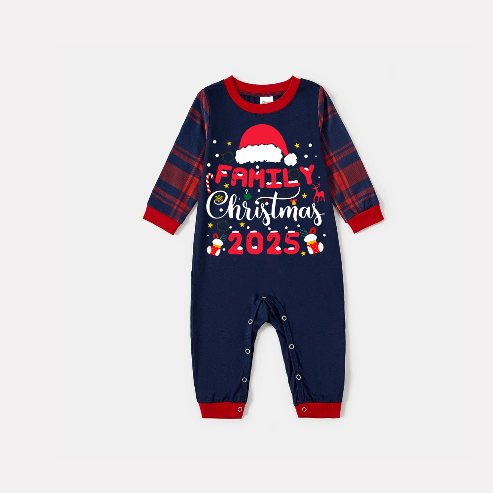 WW | Cute "Family Christmas 2025" Pattern Printed Red and Blue Plaid Christmas Matching Pajamas