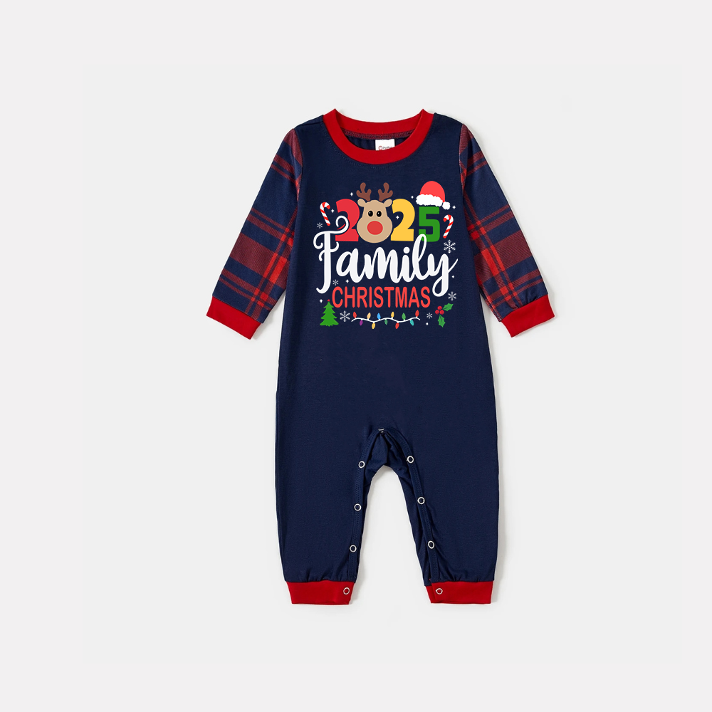 WW | "Family Christmas 2025" Text and Reindeer Prints Blue Long Sleeve Shirt with Red and Blue Plaid Pants Christmas Matching Pajamas