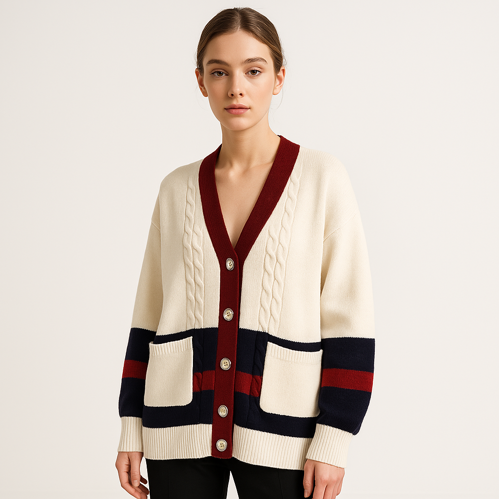 WW | Eleganter Cardigan mit weißen Streifen im Preppy-Stil und lässigem Komfort