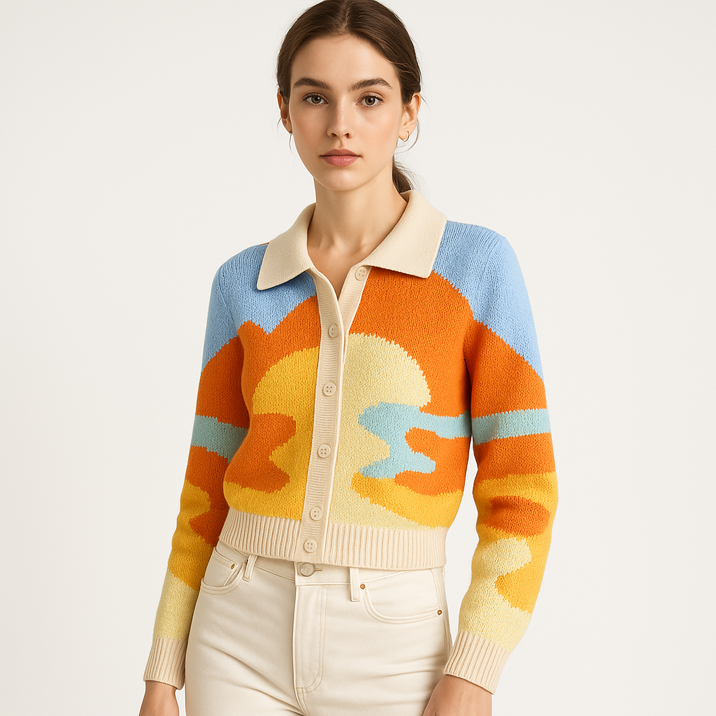 WW | Cardigan Abstract Orange Retro Pattern, Colorful and Bold
