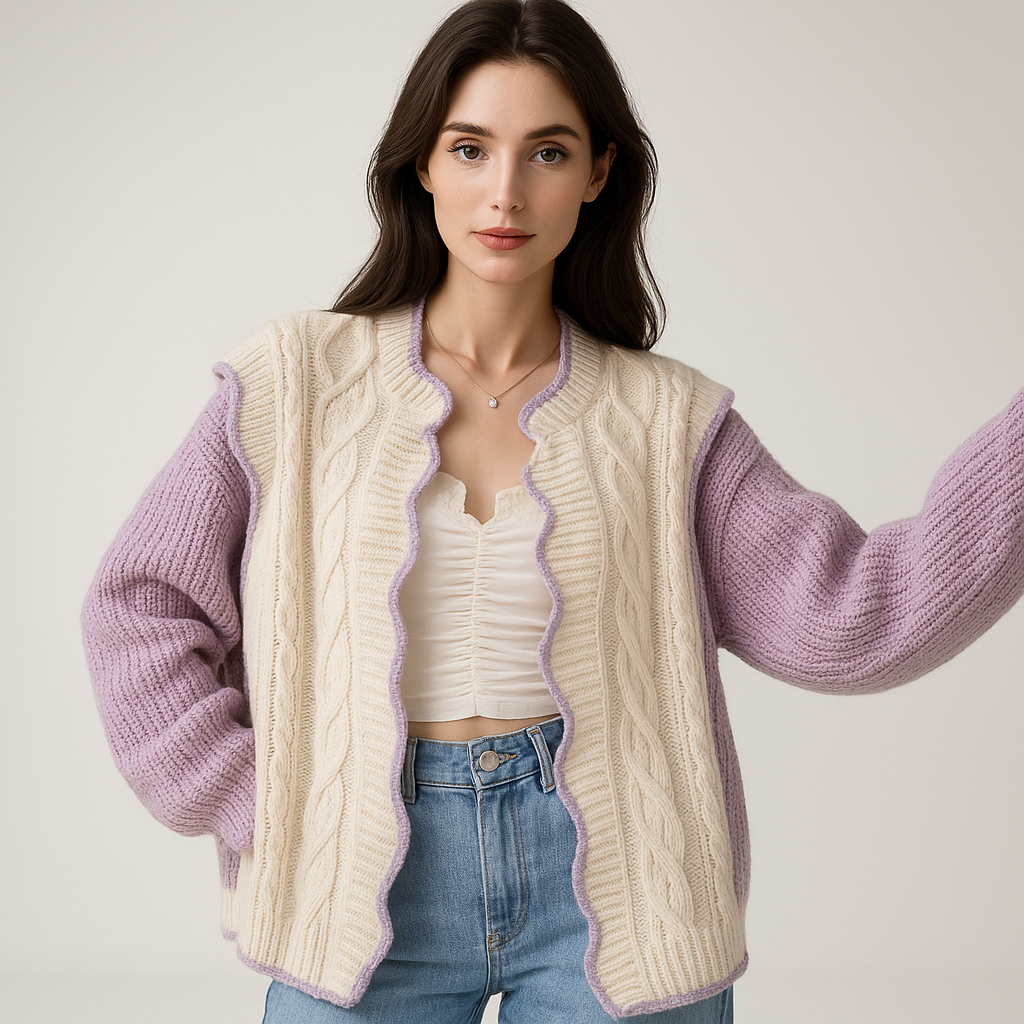 WW | Romantischer und gemütlicher Pastellvioletter & Creme Rüschencardigan