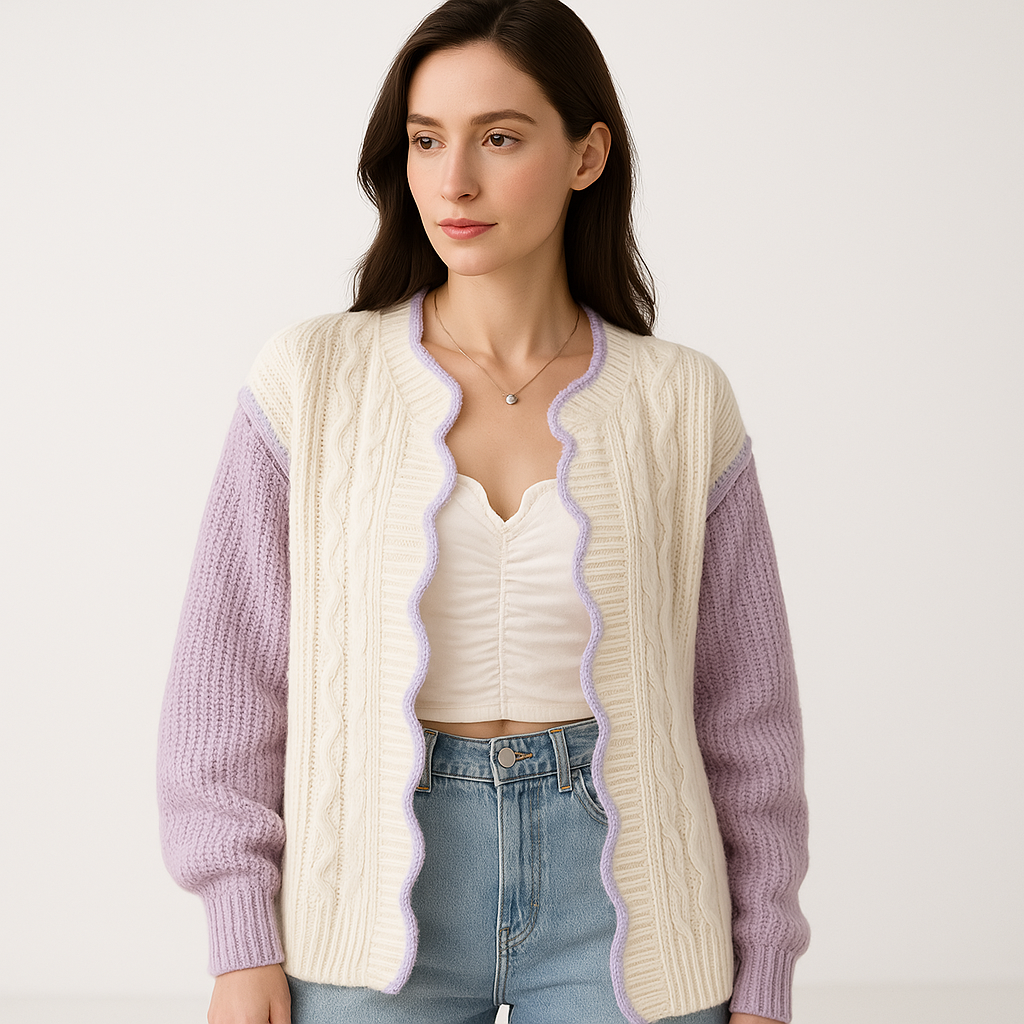 WW | Romantic and Cozy Pastel Purple & Cream Ruffled Cardigan