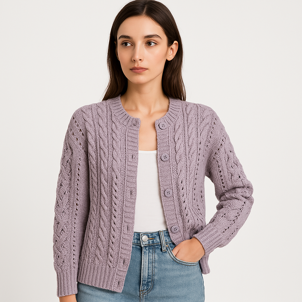 WW | Cardigan Twisted Button Purple & Green Cozy and Structured