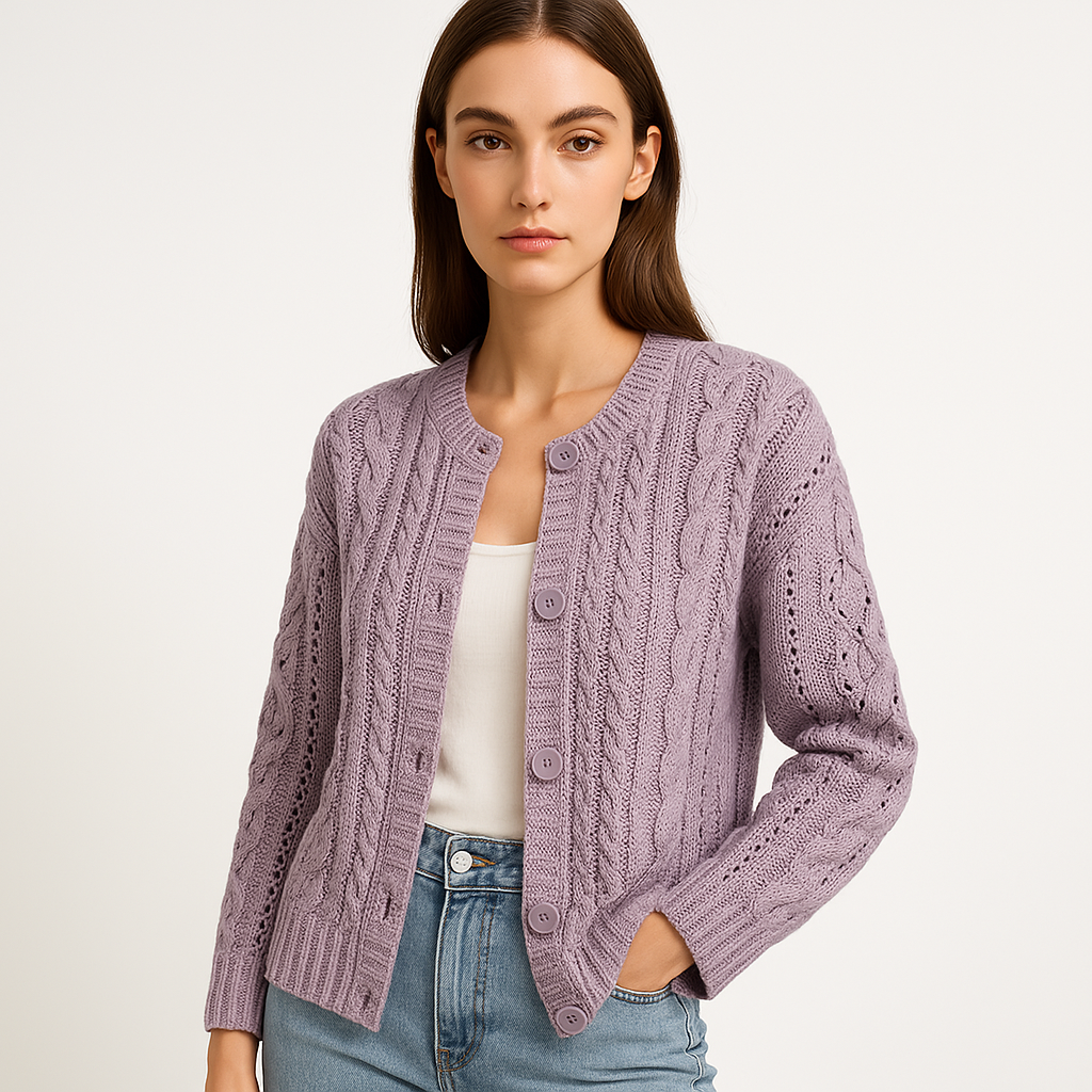 WW | Cardigan Twisted Button Purple & Green Cozy and Structured