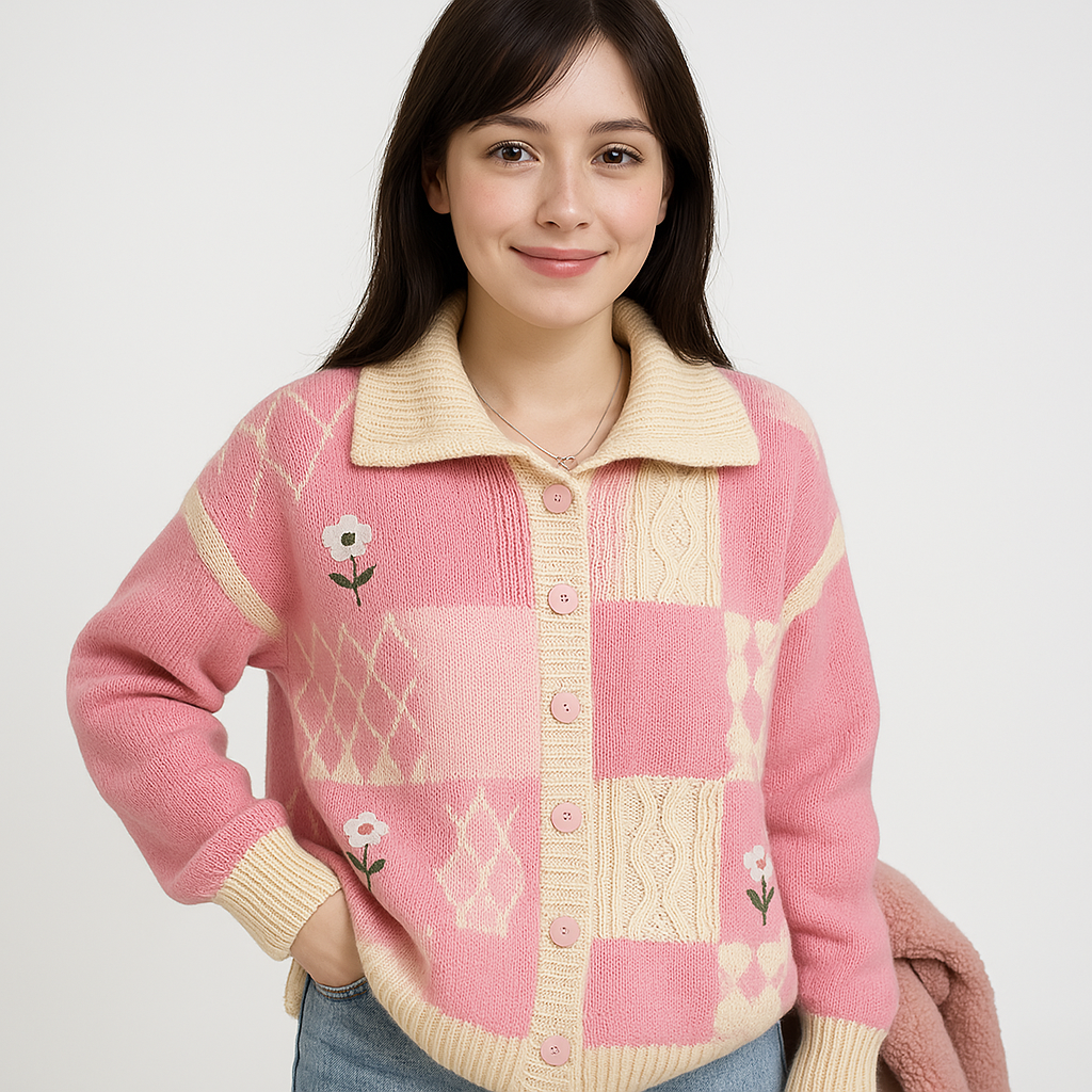 WW | Cardigan Patchwork Flower Pink or Green Cozy & Stylish