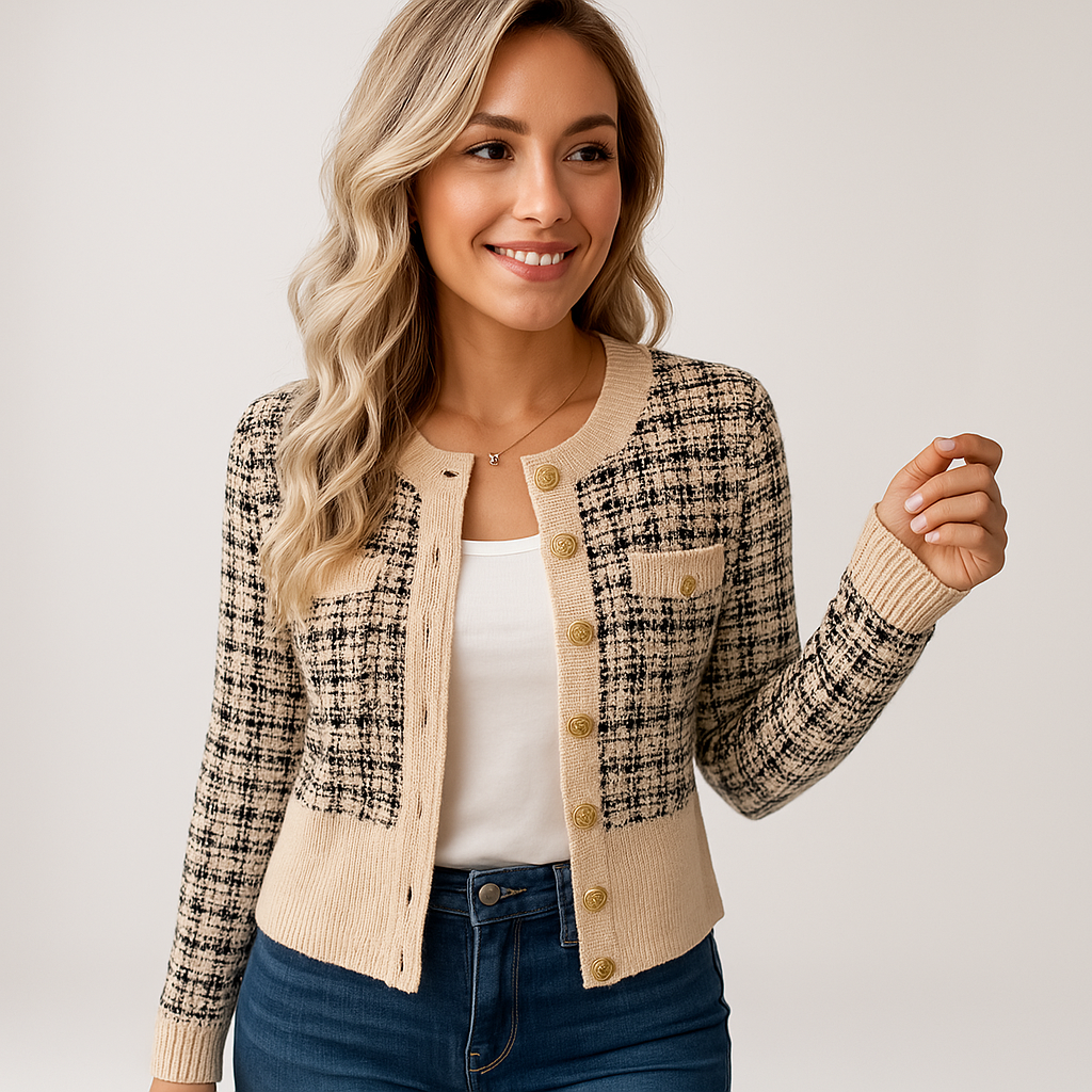 WW | Elegant & structured tweed cardigan with buttons in beige & black