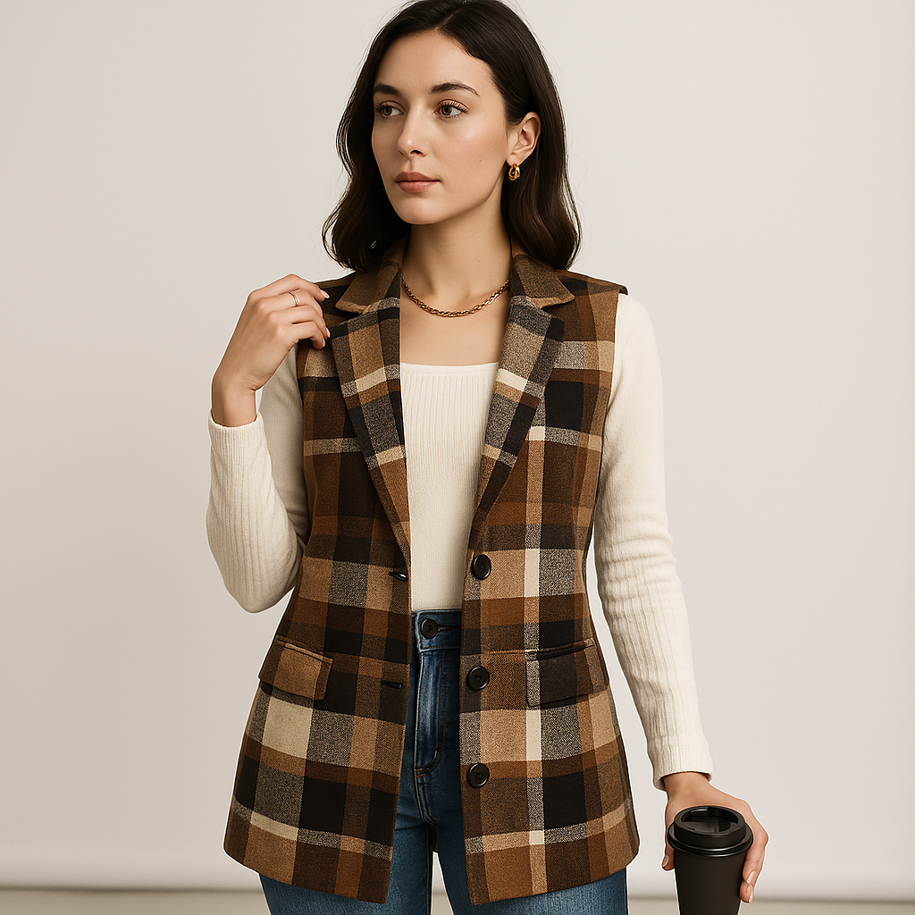 WW | Long Checked Sleeveless Casual Chic Vest
