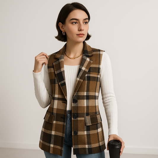 WW | Long Checked Sleeveless Casual Chic Vest