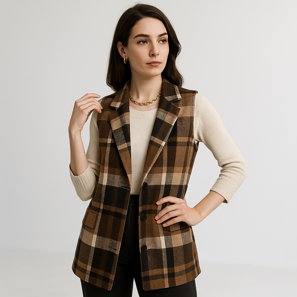 WW | Long Checked Sleeveless Casual Chic Vest