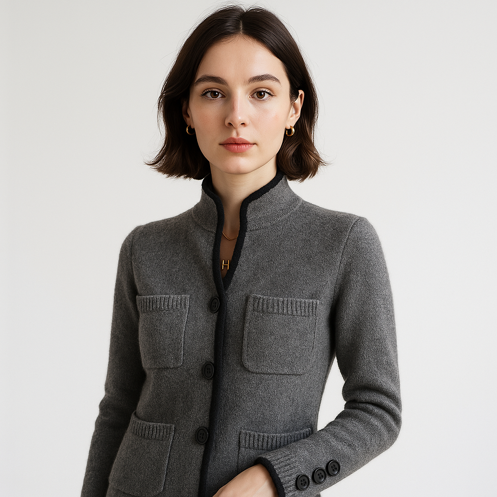 WW | Cardigan with stand-up collar, button closure, contrasting details, casual elegance