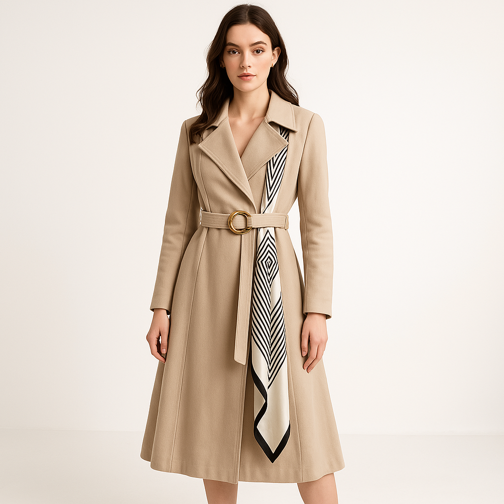 WW | Trench mit Gürtel und elegantem Schal, schicke, mittellange Schnitt