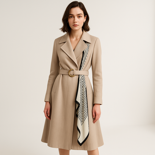 WW | Trench mit Gürtel und elegantem Schal, schicke, mittellange Schnitt