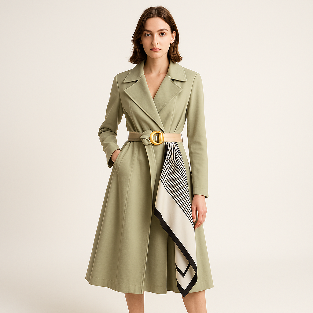 WW | Trench mit Gürtel und elegantem Schal, schicke, mittellange Schnitt