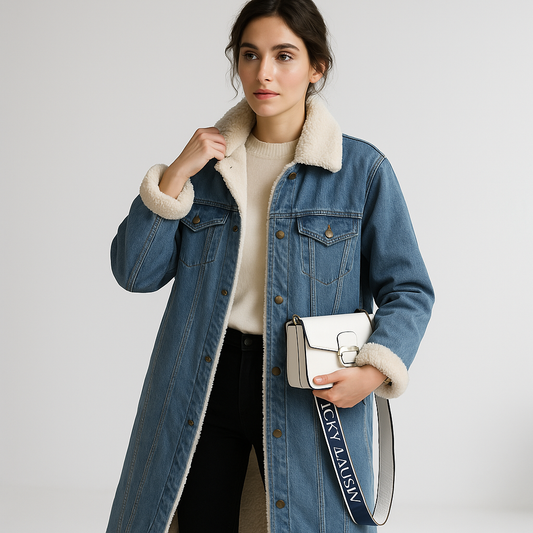 WW | Langer Jeansmantel aus gewaschenem, doppelt polarisiertem Blau & Fell