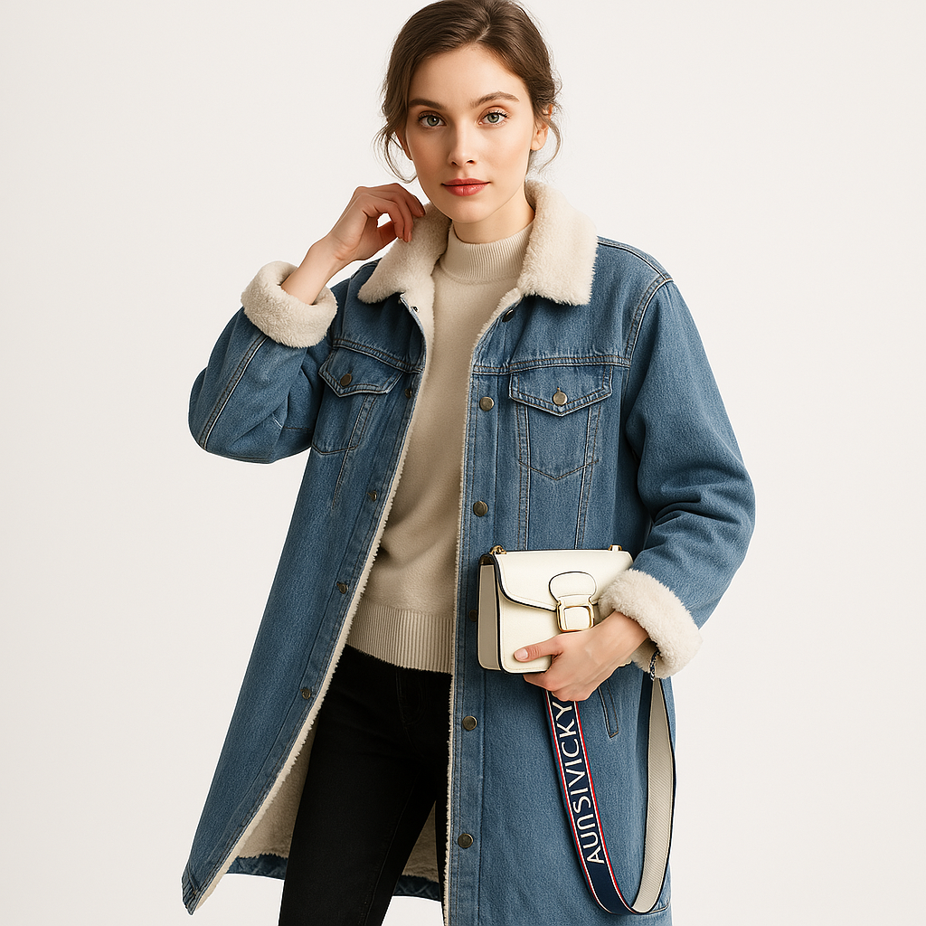 WW | Long denim coat in washed, double polarized blue & fur