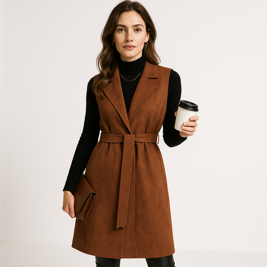 WW | Langes Damen-Wildledergilet ohne Ärmel mit Gürtel