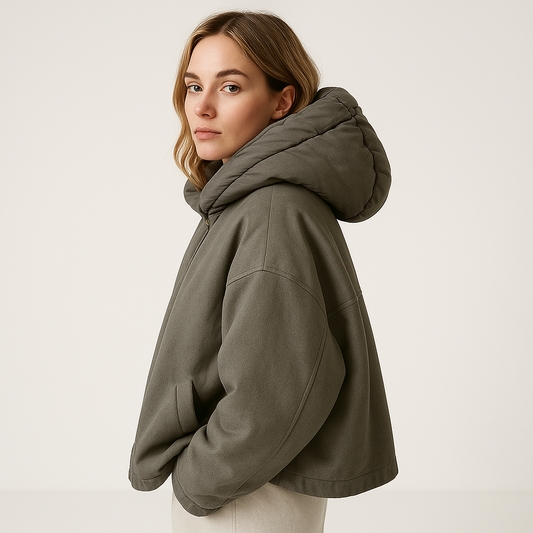 WW | Moderne Graue Gep quiltete Oversize Kapuzenjacke