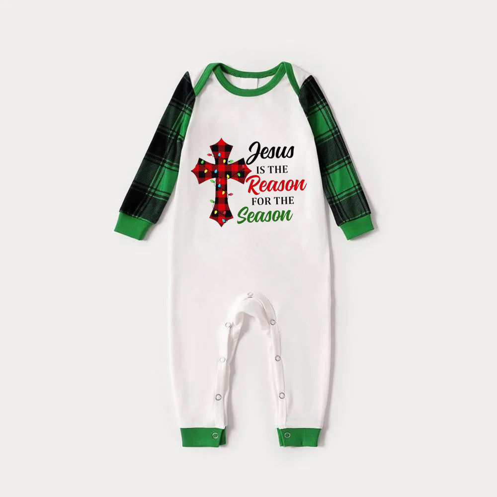 WW | Green Raglan Top Green Checked Christmas Pyjama Set With "Jesus Is The Reason For The Season" Slogan Print