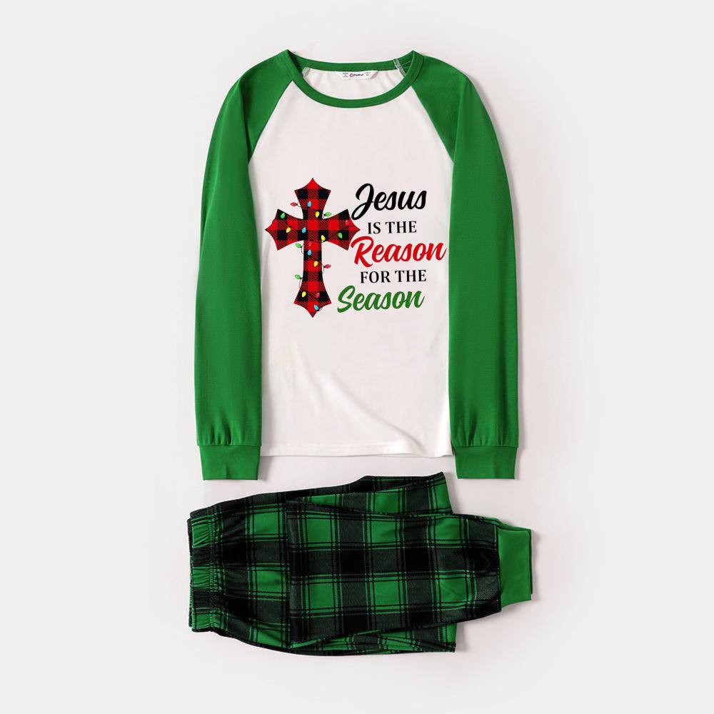WW | Green Raglan Top Green Checked Christmas Pyjama Set With "Jesus Is The Reason For The Season" Slogan Print