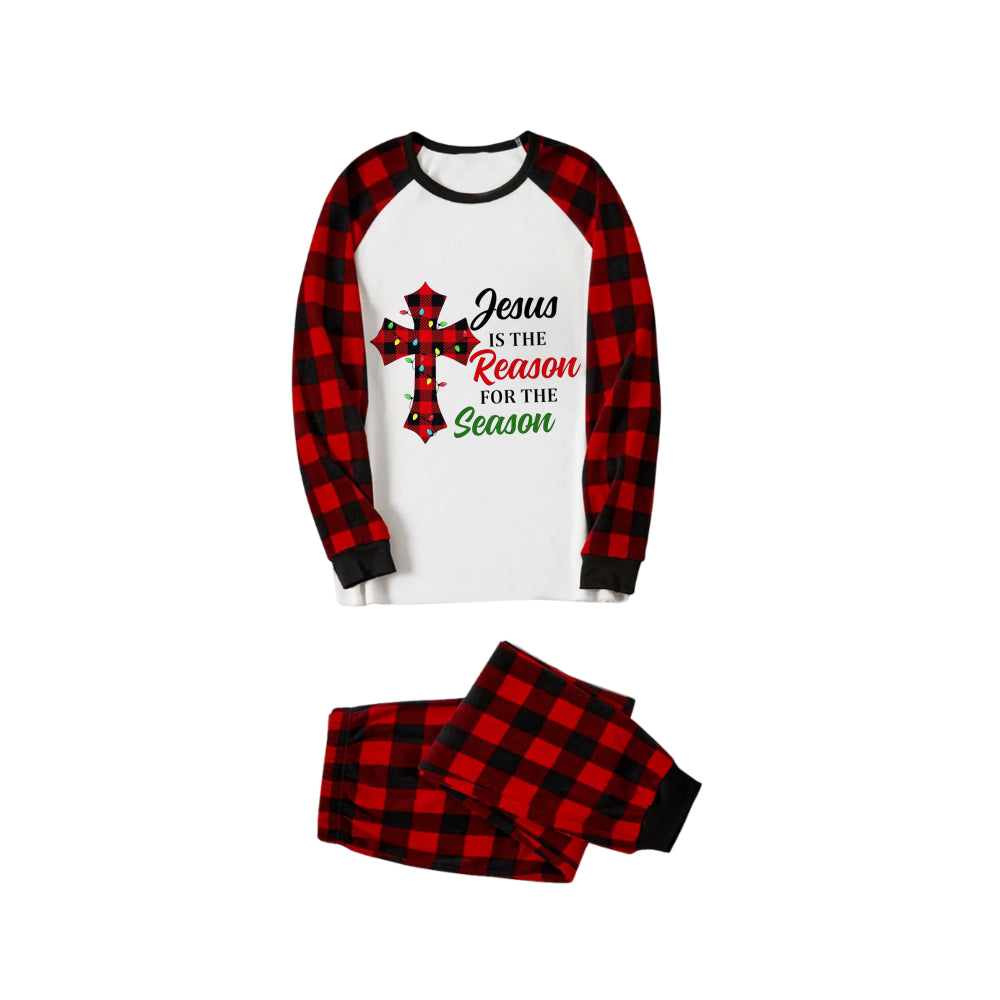 WW | Rote und schwarze karierte Weihnachts-Pyjama-Set mit dem Slogan-Druck "Jesus ist der Grund für die Saison"