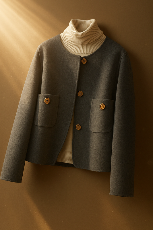 WW | Cropped Jacke Wollmix Boxy Fit Kragenlos Dekorative Knopfverschluss Patten Taschen