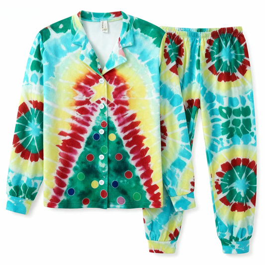 WW | Vacation Couple Button-Up Green & Yellow Tie-Dye Christmas Pajama Set