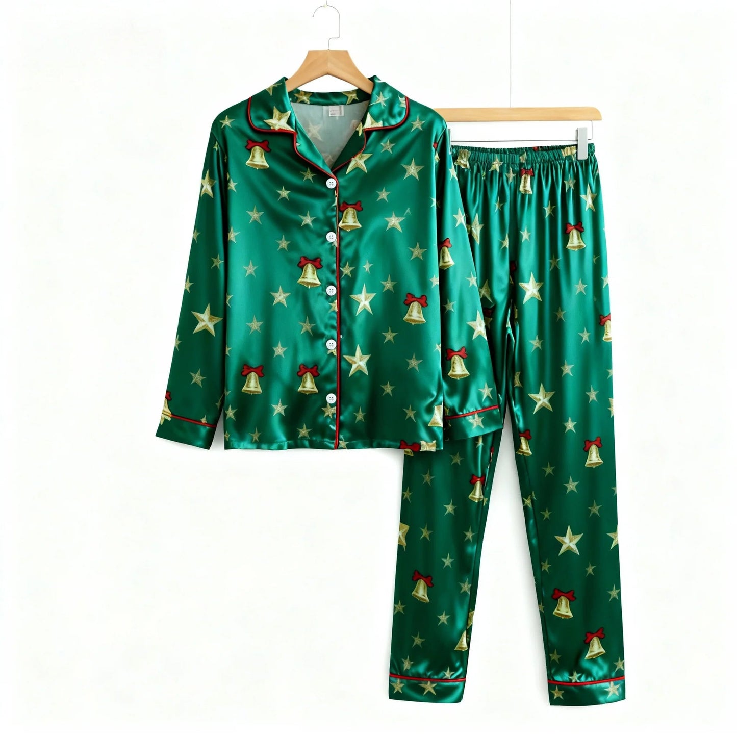 WW | Feiertagsfamilie Button-Down Grünes Satin Weihnachts-Pyjama-Set
