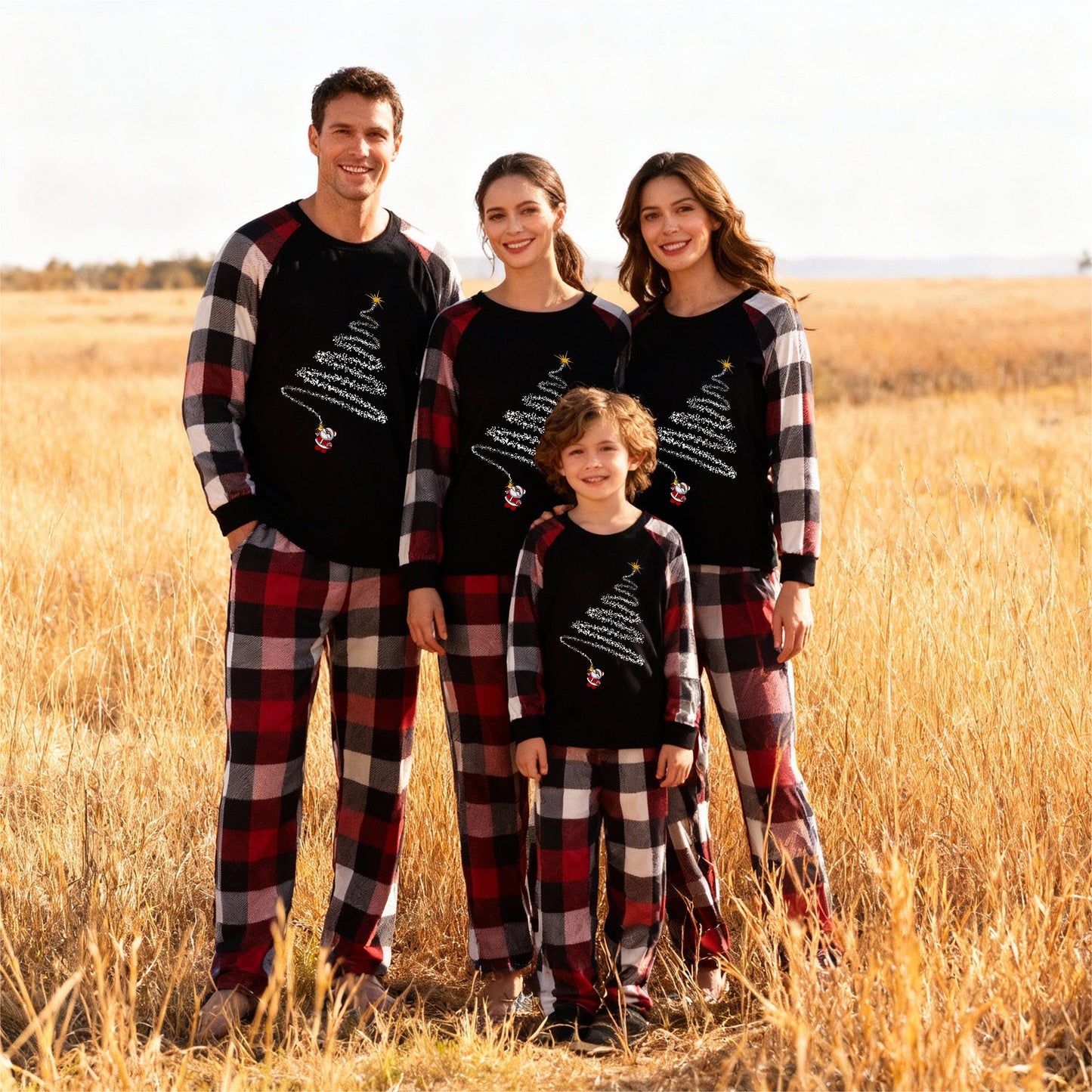 WW | Weihnachtsmann-Print-Muster Freizeit Langarm-Sweatshirts Kontrast-Oberteile und rot & schwarz & weiß kariert Hose Familie passende Pyjama-Set mit Haustier-Bandana