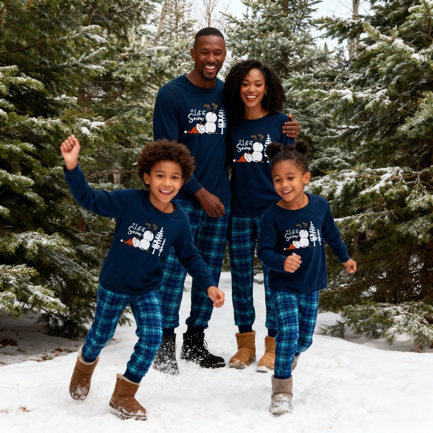 WW | "Let It Snow" Slogan and Snowman Printed Blue Plaid Christmas Family Matching Pajamas