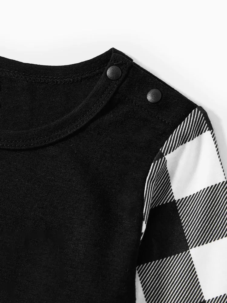 WW | "Wir sind Familie2025" Santa Hut Monogramm Druck Schwarz Langarmshirt mit Schwarz-Weiß karierten Hosen Familien passende Pyjamas