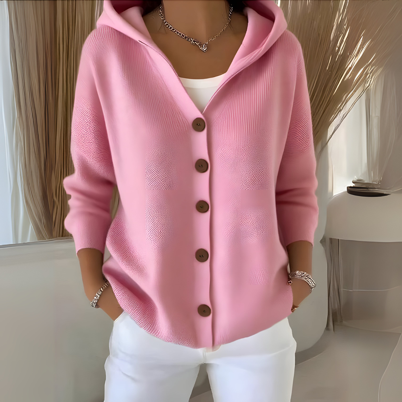 Elise Elegant Hooded Cardigan - Pink