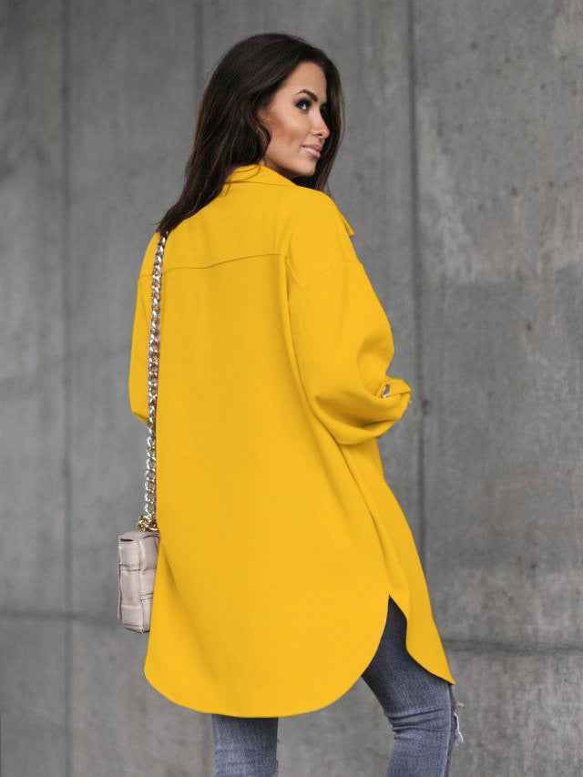 WW | Comfortable long shirt jacket with buttons, wool collar and lapels