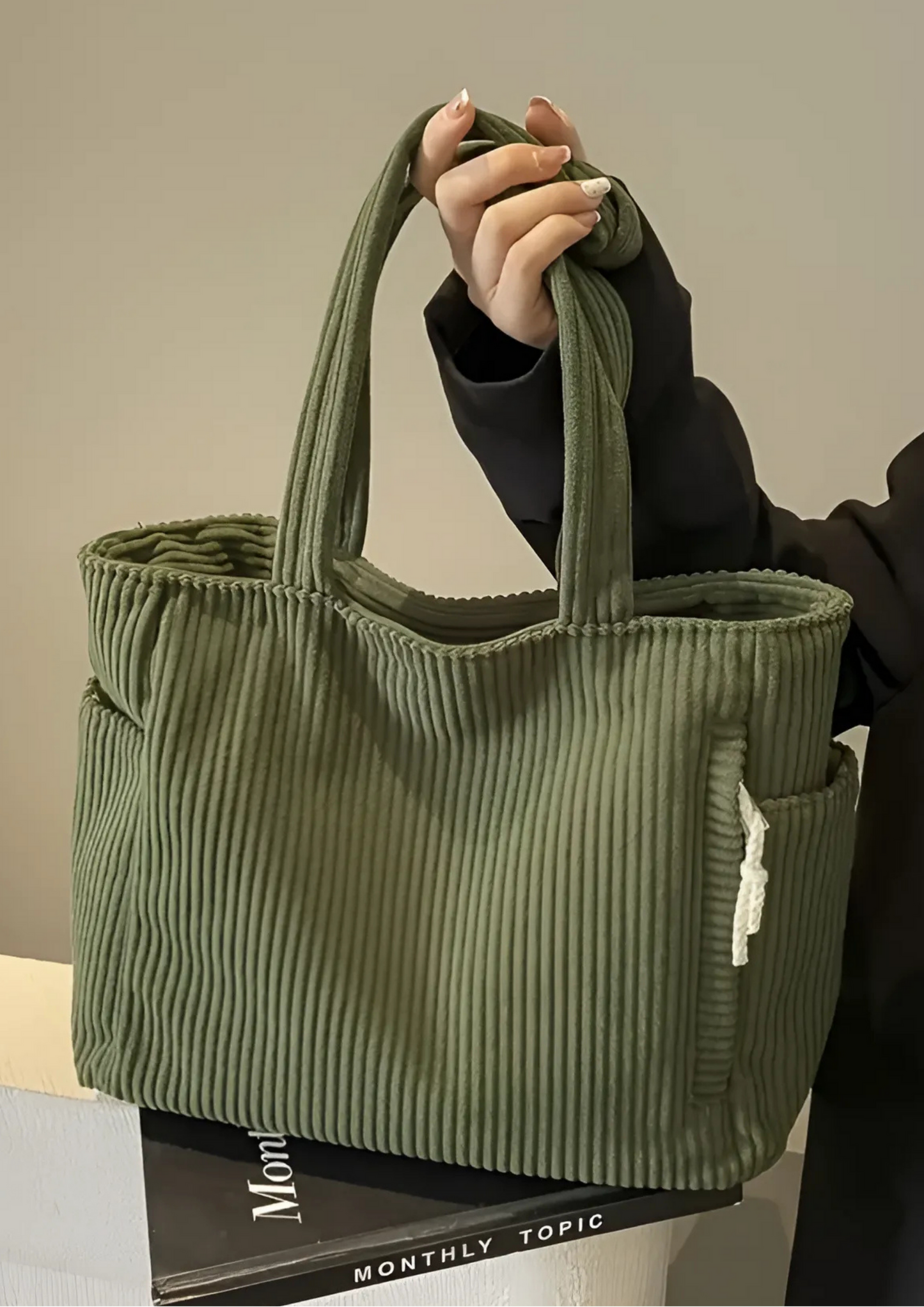 Elaria Ribbed Tote Bag with Drawstring Detail - Green