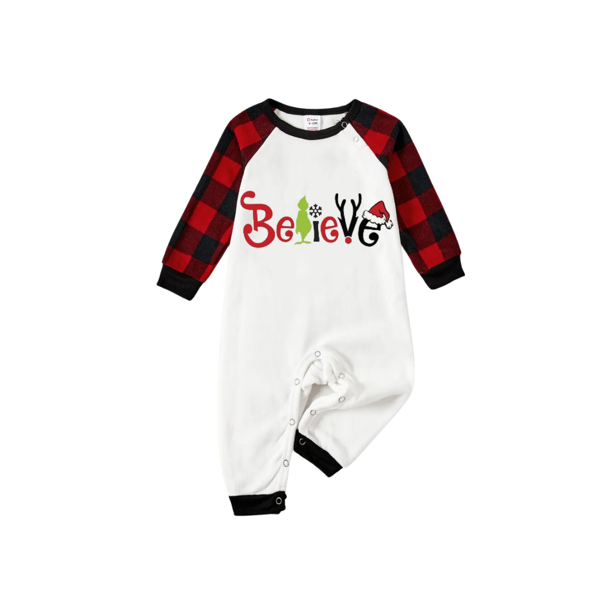 WW | Christmas 2025 "Believe" Letter White Long-Sleeve Top and Red and Black Plaid Pants Family Matching Pajamas