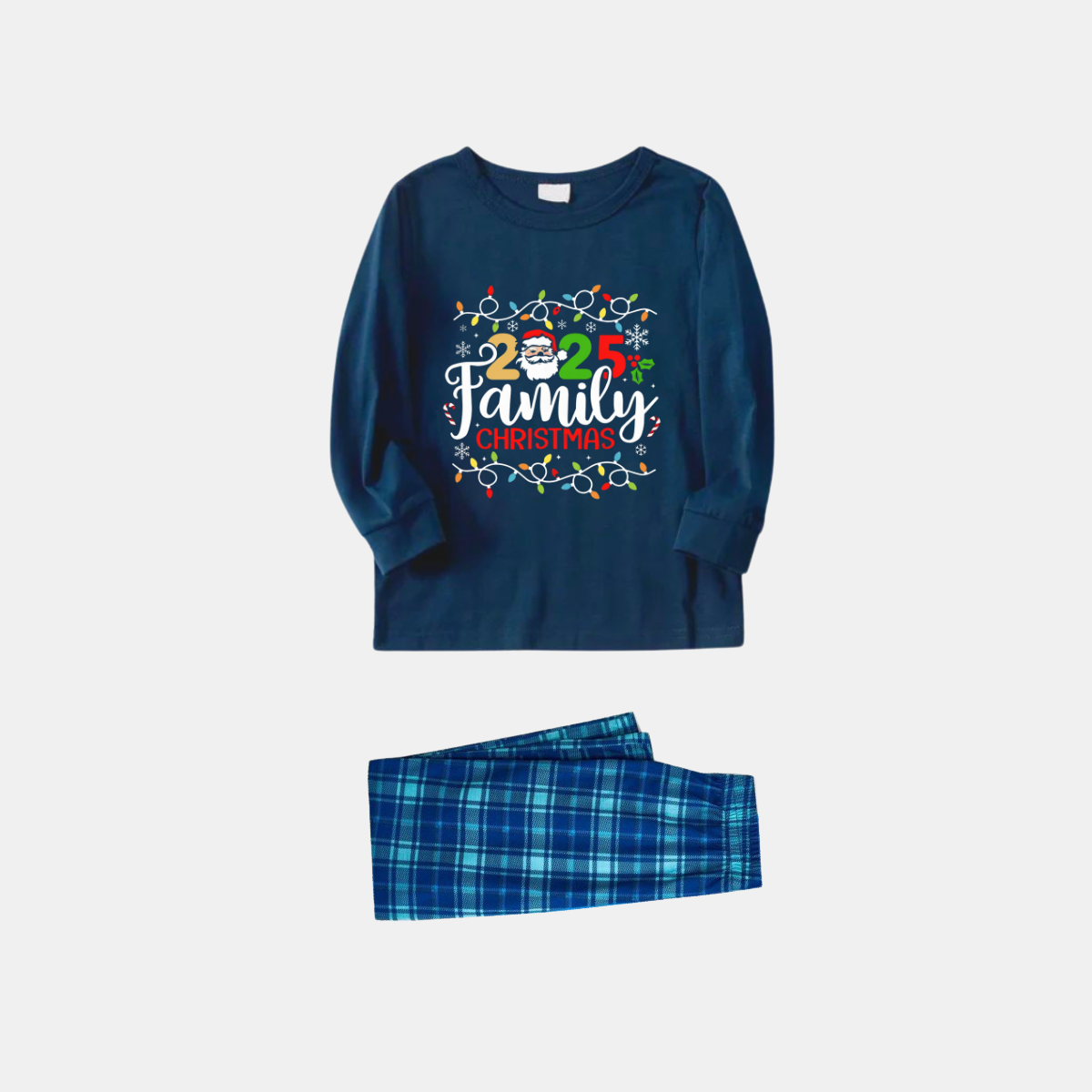 WW | Navy and Sky Blue Plaid Christmas Pyjama Set with Christmas Lights and "2025 Family Christmas" Text Print