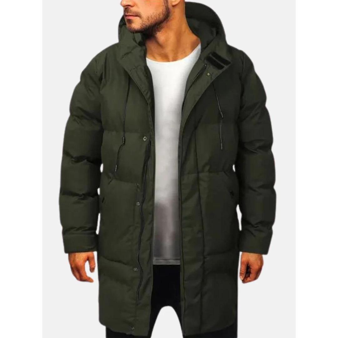 WW | Men's Long Winter Quilted Coat with Drawstring Hood and Zipper Front