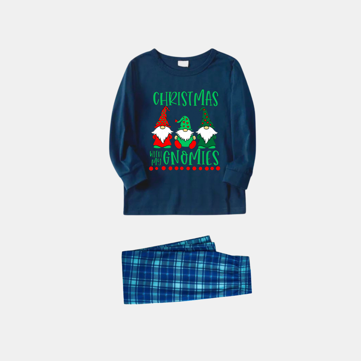 WW | Navy and Sky Blue Checked Christmas Pyjama Set with "Christmas with My Gnomes" Text Print