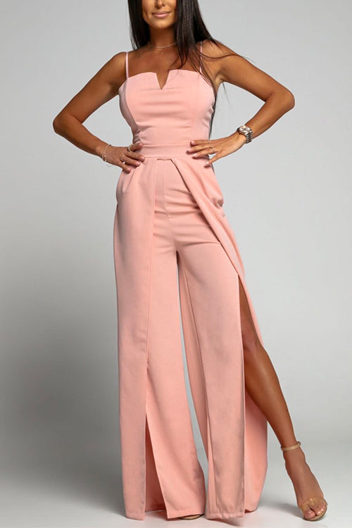 WW | High Waist Slit Flowy Wide Leg Cami Jumpsuit