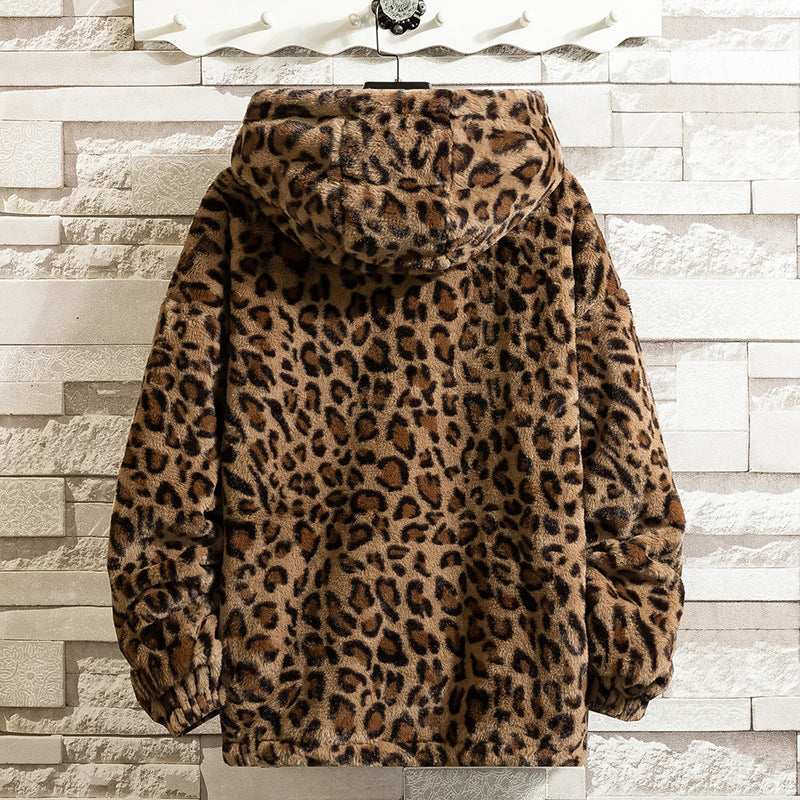 Women's Cuddly Fleece Jacket with Leopard Print and Hood WW