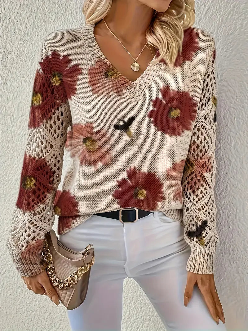Rayuela Elegant Floral Print Sweater - Red
