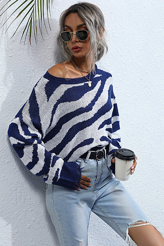 WW Gestreifter Print Gestrickter Rundhalsausschnitt Pullover
