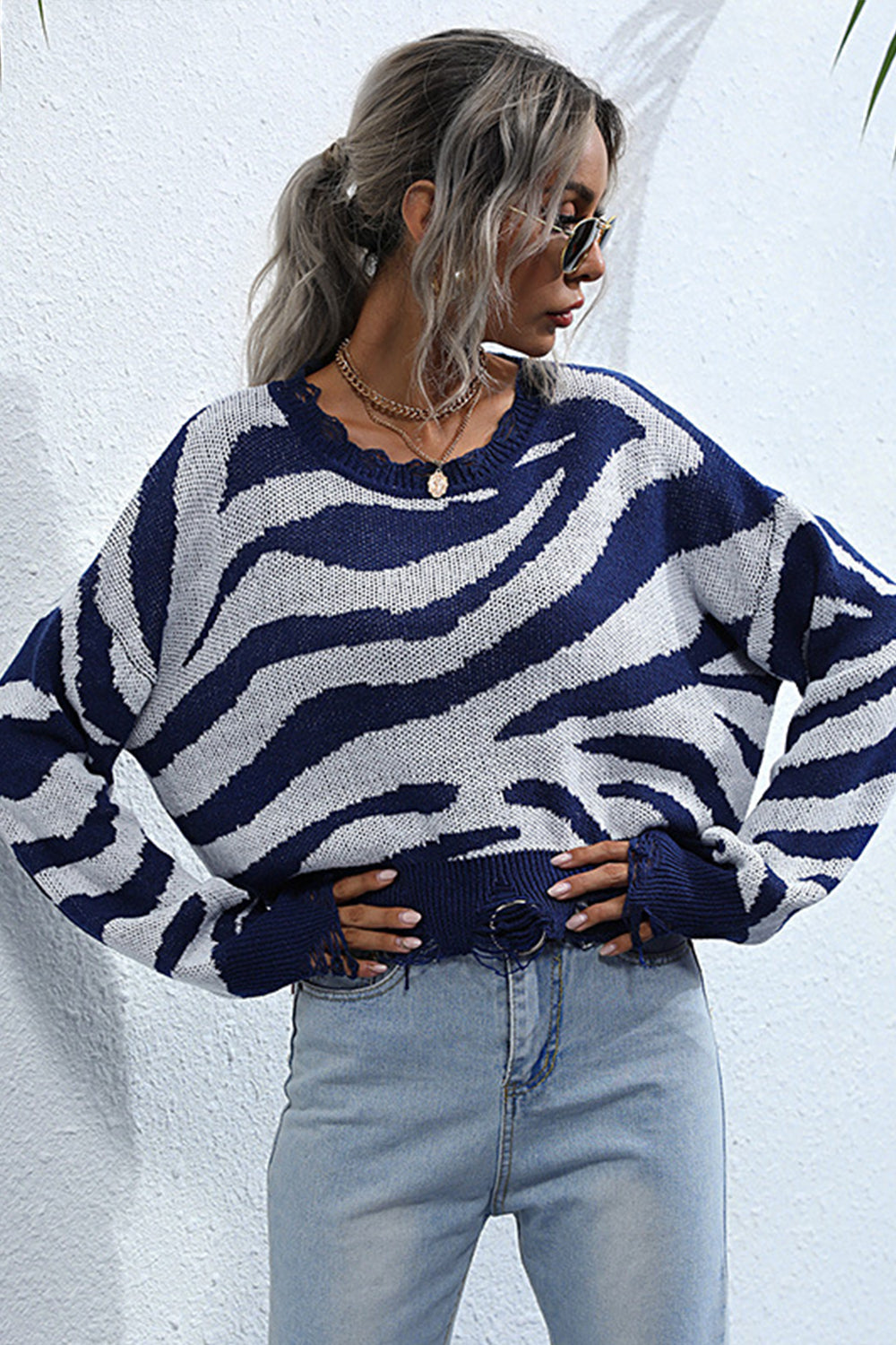 WW Gestreifter Print Gestrickter Rundhalsausschnitt Pullover