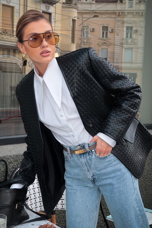 WW | Neck Woven Leather Long Sleeve Jacket