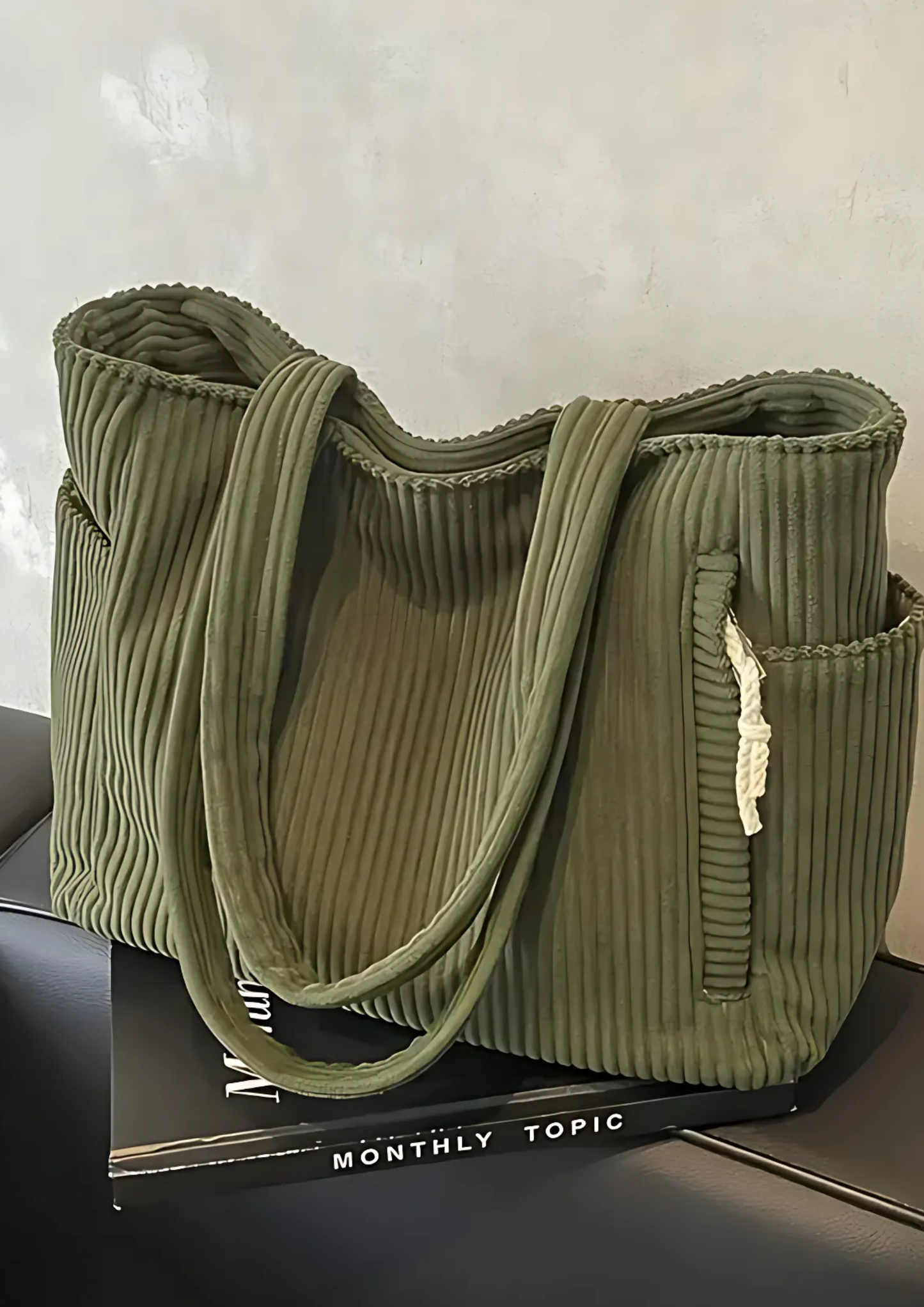 Elaria Ribbed Tote Bag with Drawstring Detail - Green
