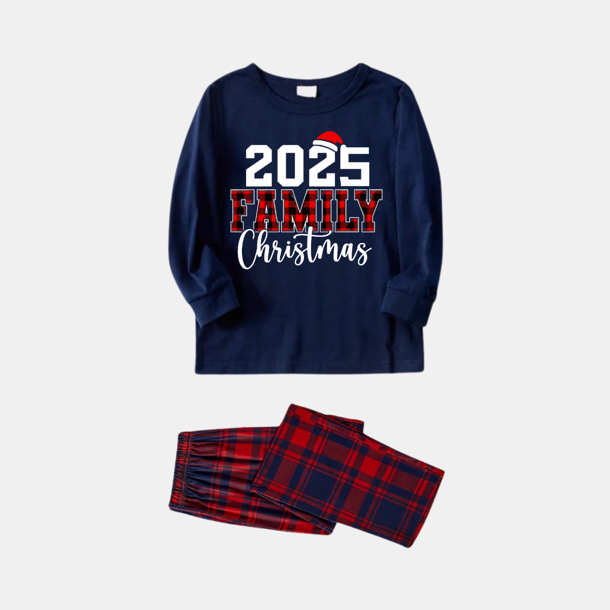 WW | "2025 Weihnachten" Text und Weihnachtsmann-Mütze Druck Blau Langärmeliges Oberteil mit Rot- und Blau-Karierter Hose Weihnachts-Pyjamas im Matching-Design